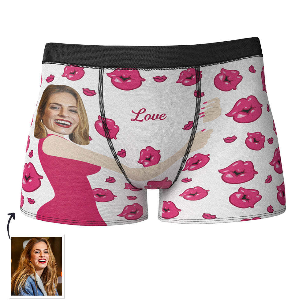 Custom Face Photo Engraved Boxer Sexy Pink Lips Boxer Briefs Gift for Boyfriend - MyFaceBoxer
