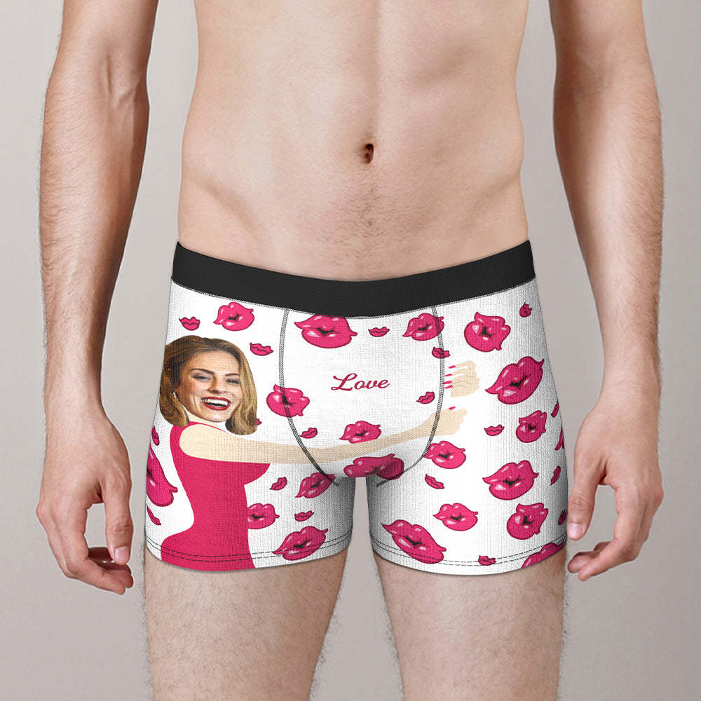 Custom Face Photo Engraved Boxer Sexy Pink Lips Boxer Briefs Gift for Boyfriend - MyFaceBoxer