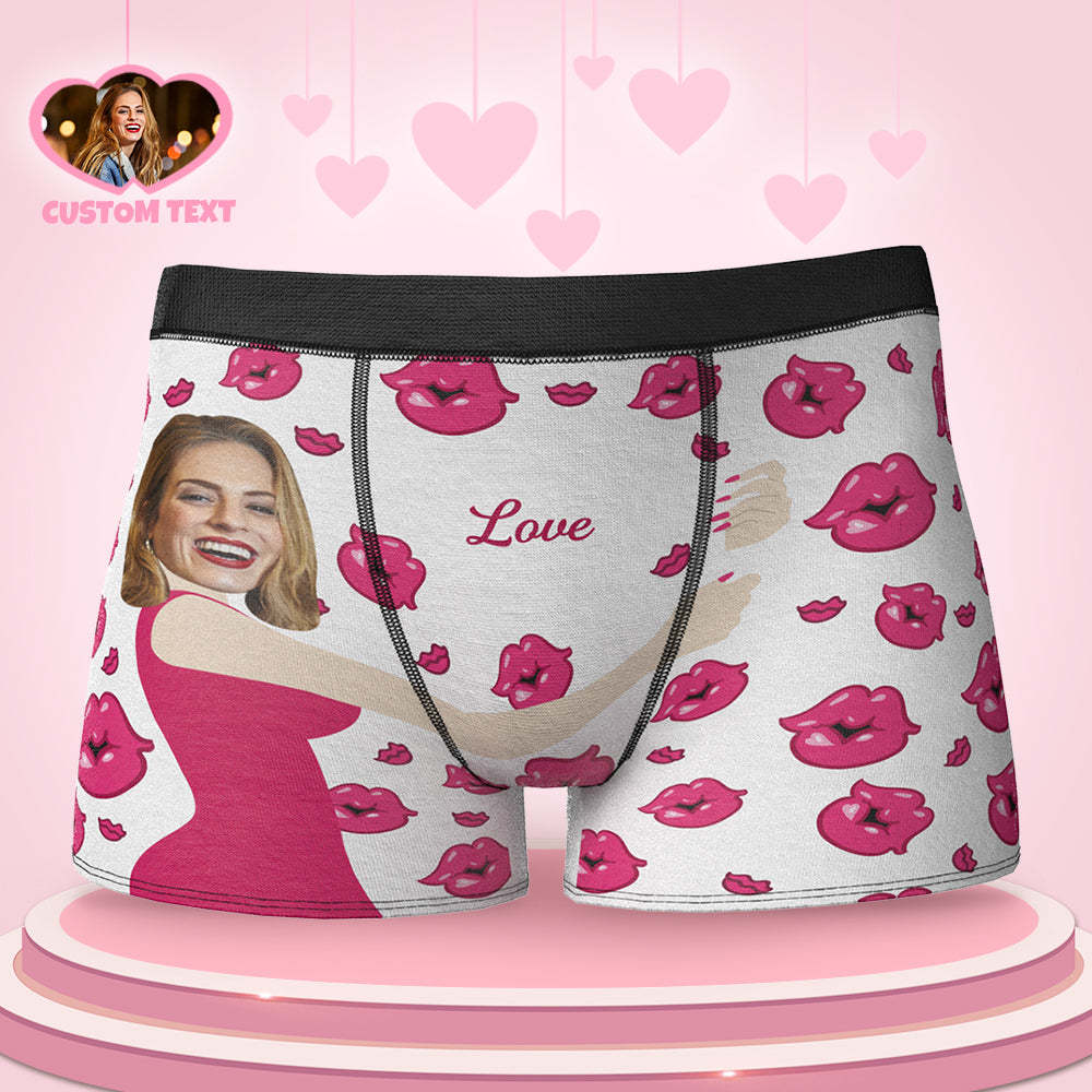 Custom Face Photo Engraved Boxer Sexy Pink Lips Boxer Briefs Gift for Boyfriend - MyFaceBoxer