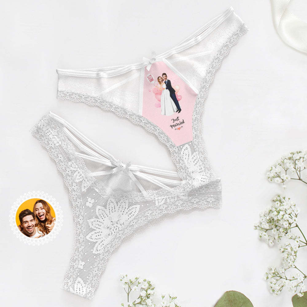 Custom Face Underwear Just Married Lace Thong Gift for Wedding Couple Wedding Gift - MyFaceBoxer