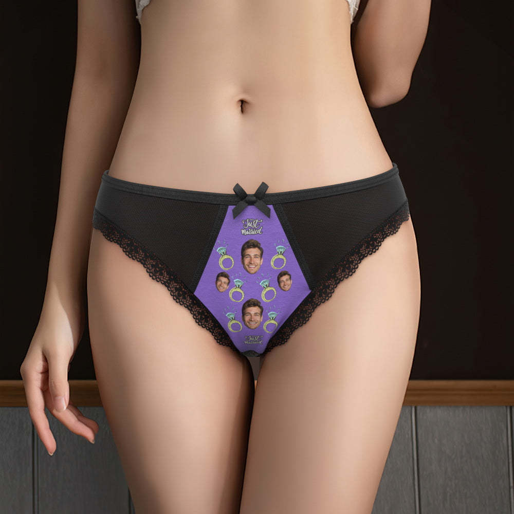 Custom Face Underwear Personalized Just Married Lace Thong Gift for Her Wedding Gift - MyFaceBoxer