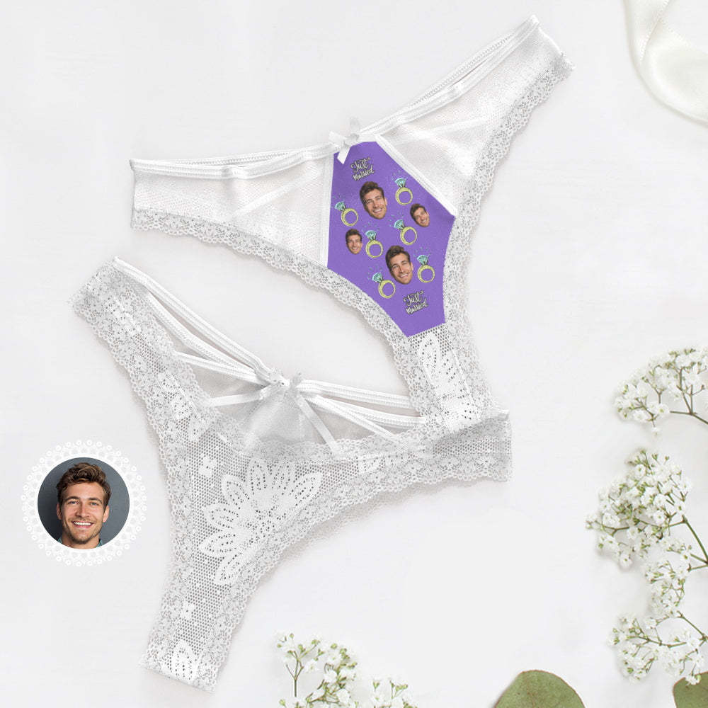 Custom Face Underwear Personalized Just Married Lace Thong Gift for Her Wedding Gift - MyFaceBoxer