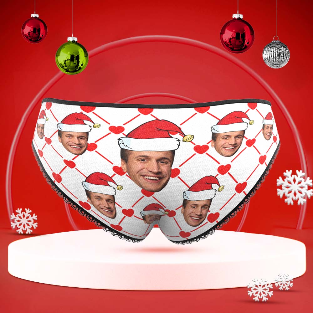 Custom Face Underwear with Boyfriend Picture Personalized Christmas Hat Pattern Women's Shorts - MyFaceBoxer