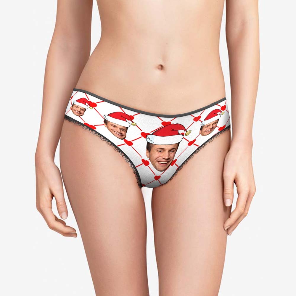 Custom Face Underwear with Boyfriend Picture Personalized Christmas Hat Pattern Women's Shorts - MyFaceBoxer