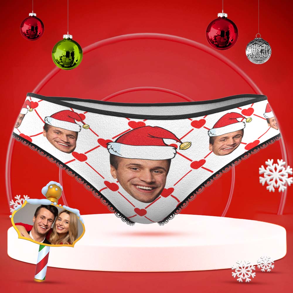 Custom Face Underwear with Boyfriend Picture Personalized Christmas Hat Pattern Women's Shorts - MyFaceBoxer