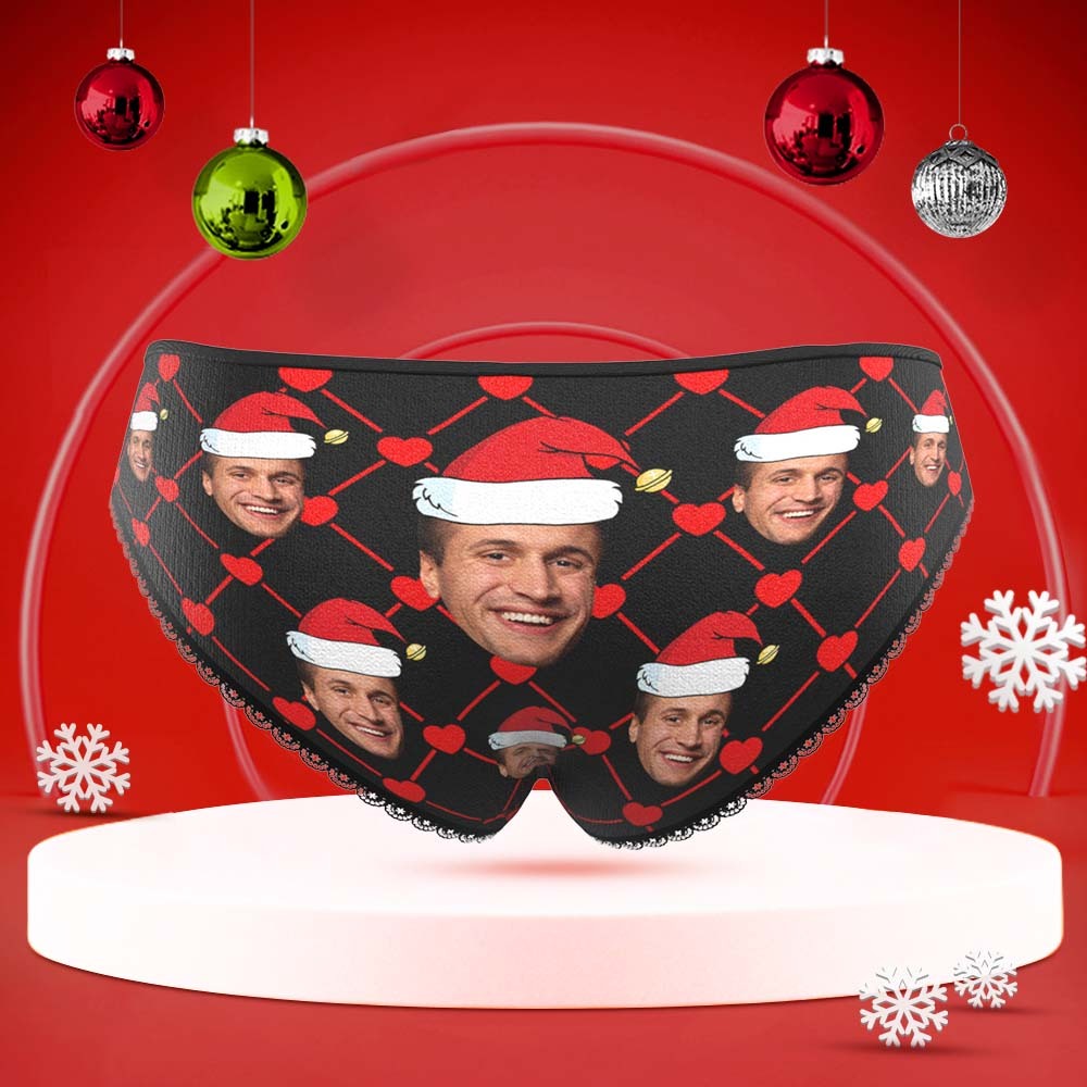 Custom Face Underwear with Boyfriend Picture Personalized Christmas Hat Pattern Women's Shorts - MyFaceBoxer