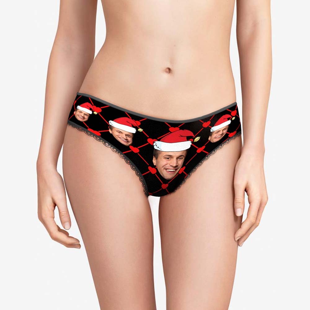 Custom Face Underwear with Boyfriend Picture Personalized Christmas Hat Pattern Women's Shorts - MyFaceBoxer