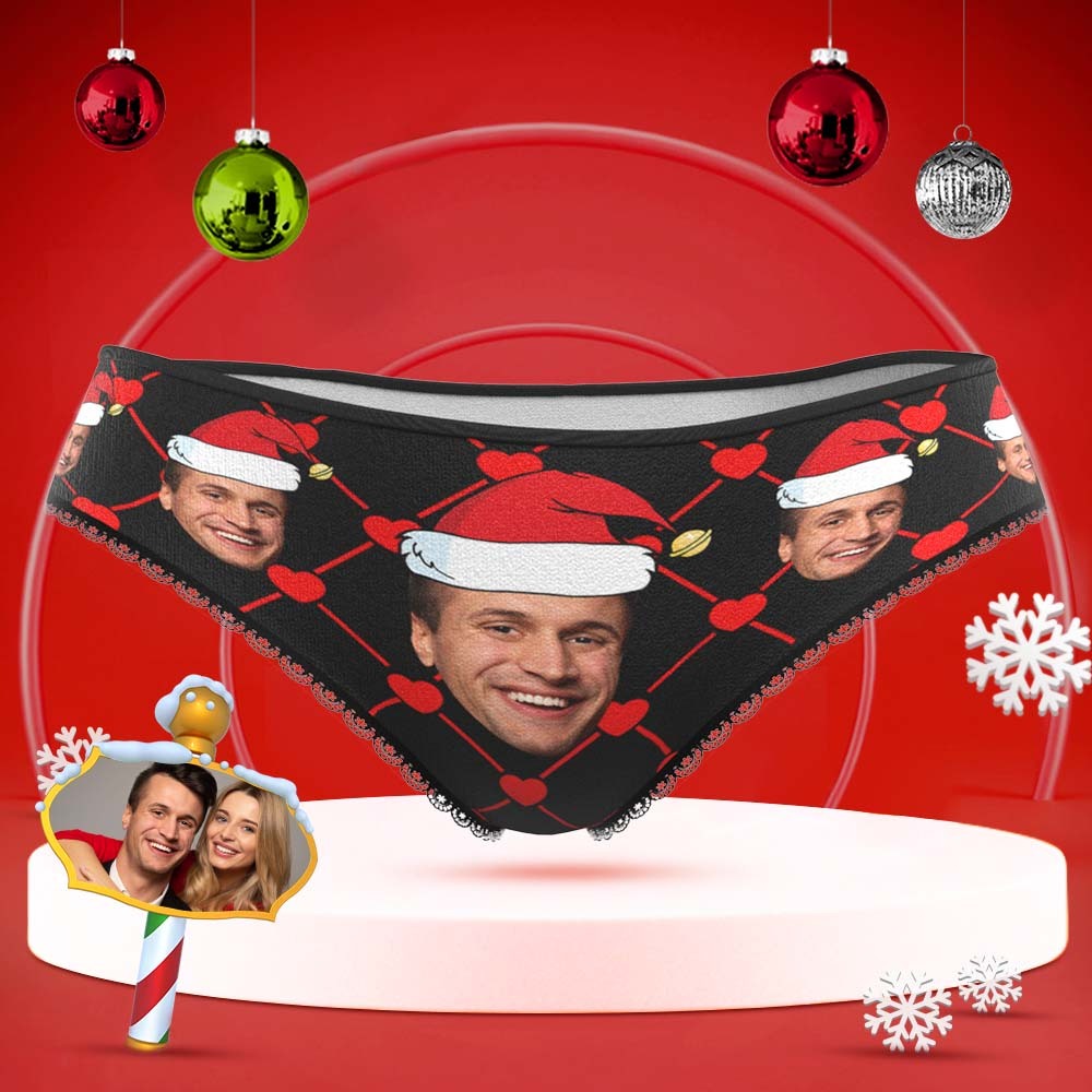 Custom Face Underwear with Boyfriend Picture Personalized Christmas Hat Pattern Women's Shorts - MyFaceBoxer