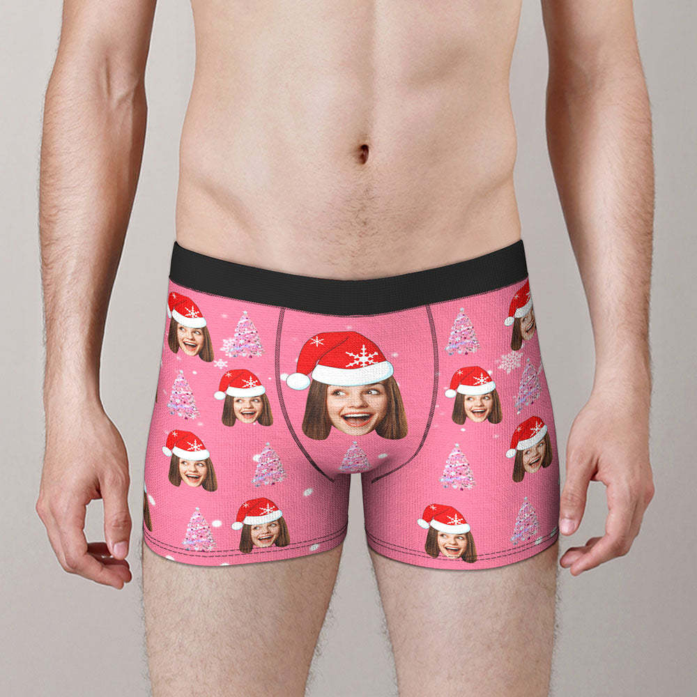Custom Face Pink Christmas Tree Boxer Briefs Personalized Funny Christmas Gift - MyFaceBoxer