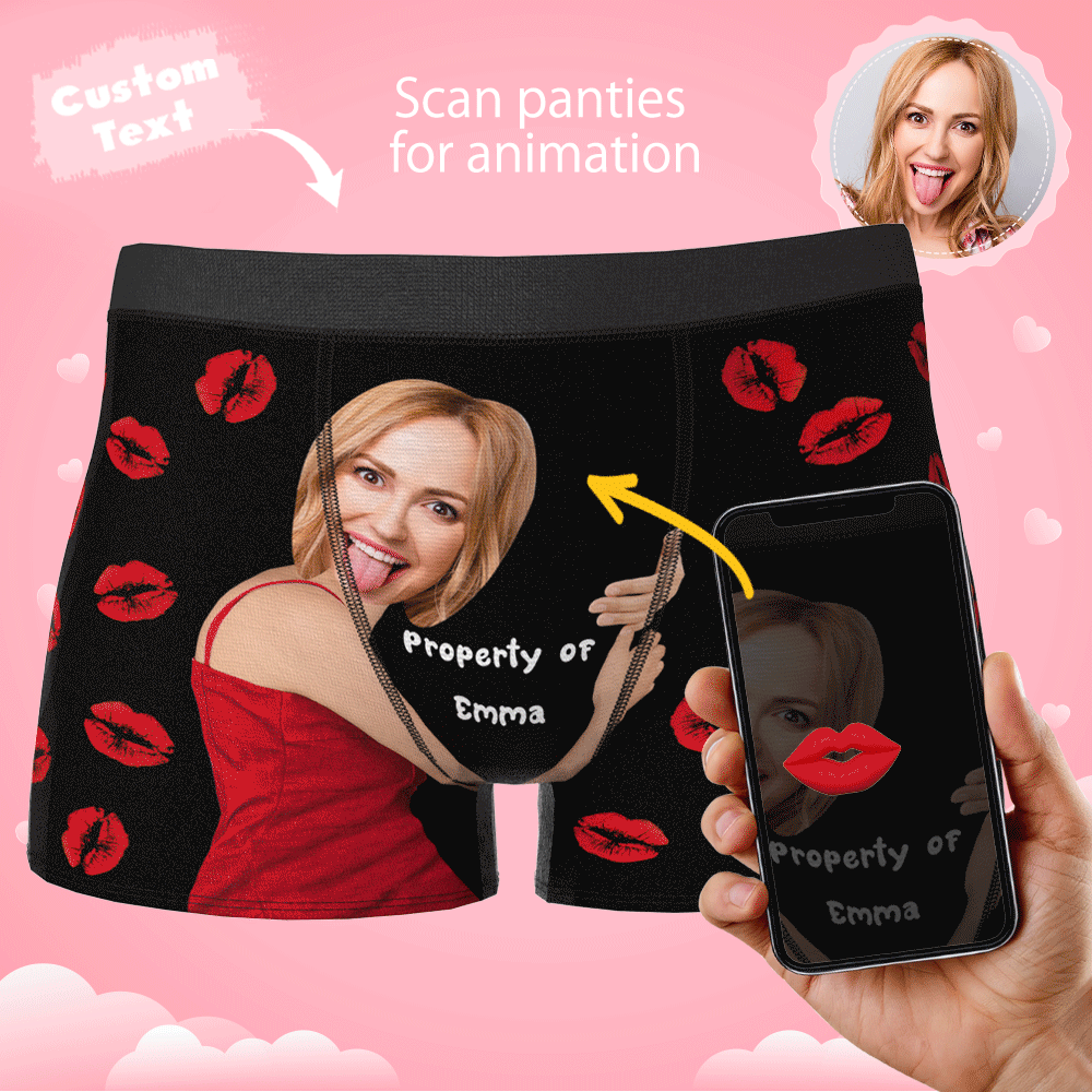 Custom Love Hug Property of Name Boxers AR View Personalized Face Boxers Briefs Gift for Him - MyFaceBoxer