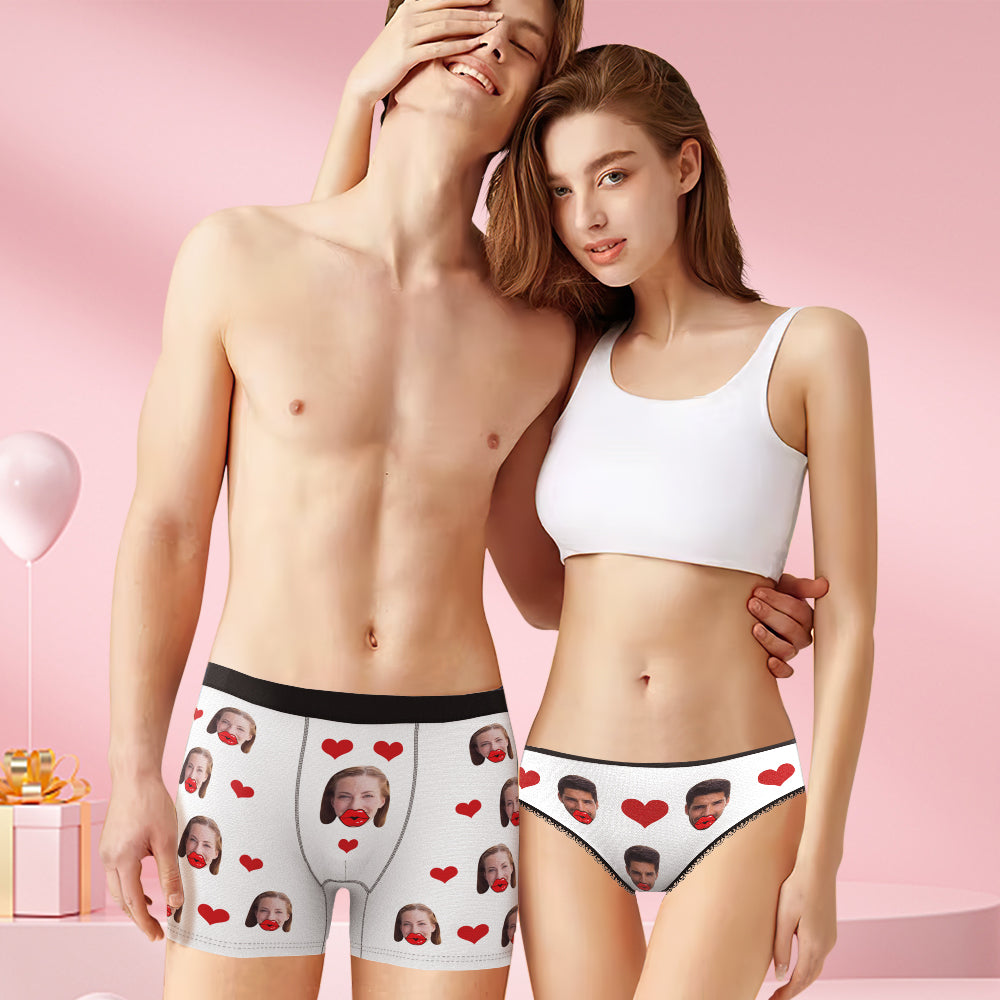 Custom Face Red Lips and Heart Couple Matching Underwear Personalized Valentine's Day Gift - MyFaceBoxer