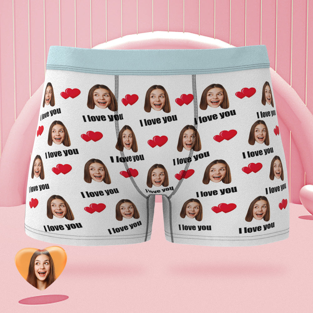 Custom Face White Boxer Briefs Colorful Waistband I Love You Personalized Naughty Gift for Him