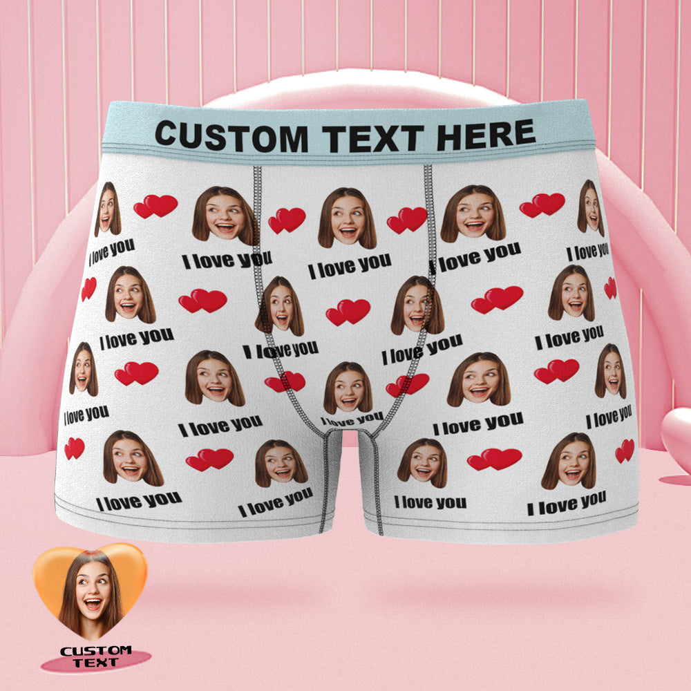 Custom Face White Boxer Briefs Colorful Waistband I Love You Personalized Naughty Gift for Him