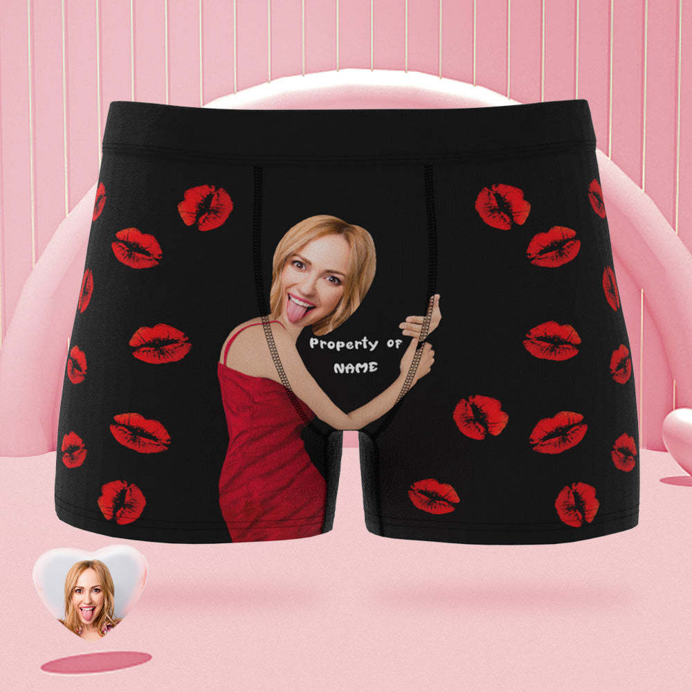 Custom Face Pink Boxer Briefs Colorful Waistband Property of Name Personalized Naughty Gift for Him - MyFaceBoxer