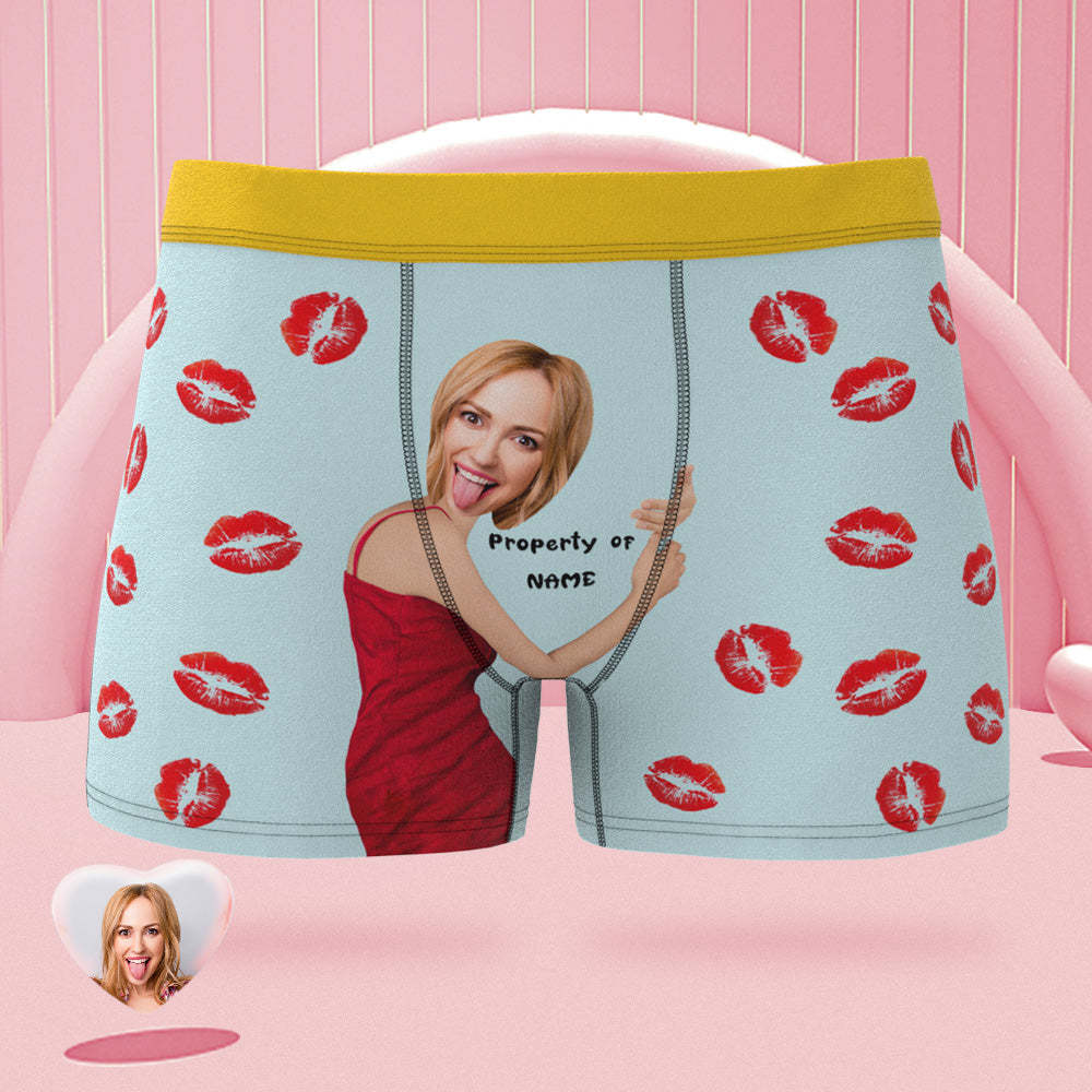 Custom Face Pink Boxer Briefs Colorful Waistband Property of Name Personalized Naughty Gift for Him - MyFaceBoxer