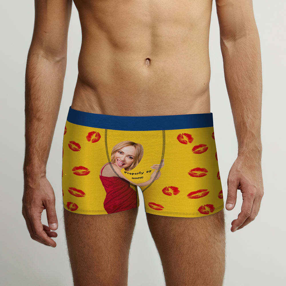 Custom Face Pink Boxer Briefs Colorful Waistband Property of Name Personalized Naughty Gift for Him - MyFaceBoxer