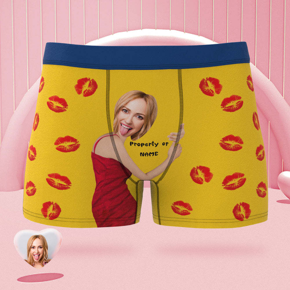Custom Face Pink Boxer Briefs Colorful Waistband Property of Name Personalized Naughty Gift for Him - MyFaceBoxer