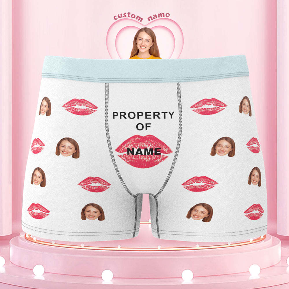 Custom Lip Print Property Of Name Boxers Brief Colorful Waistband Personalized Gift For Him - MyFaceBoxer