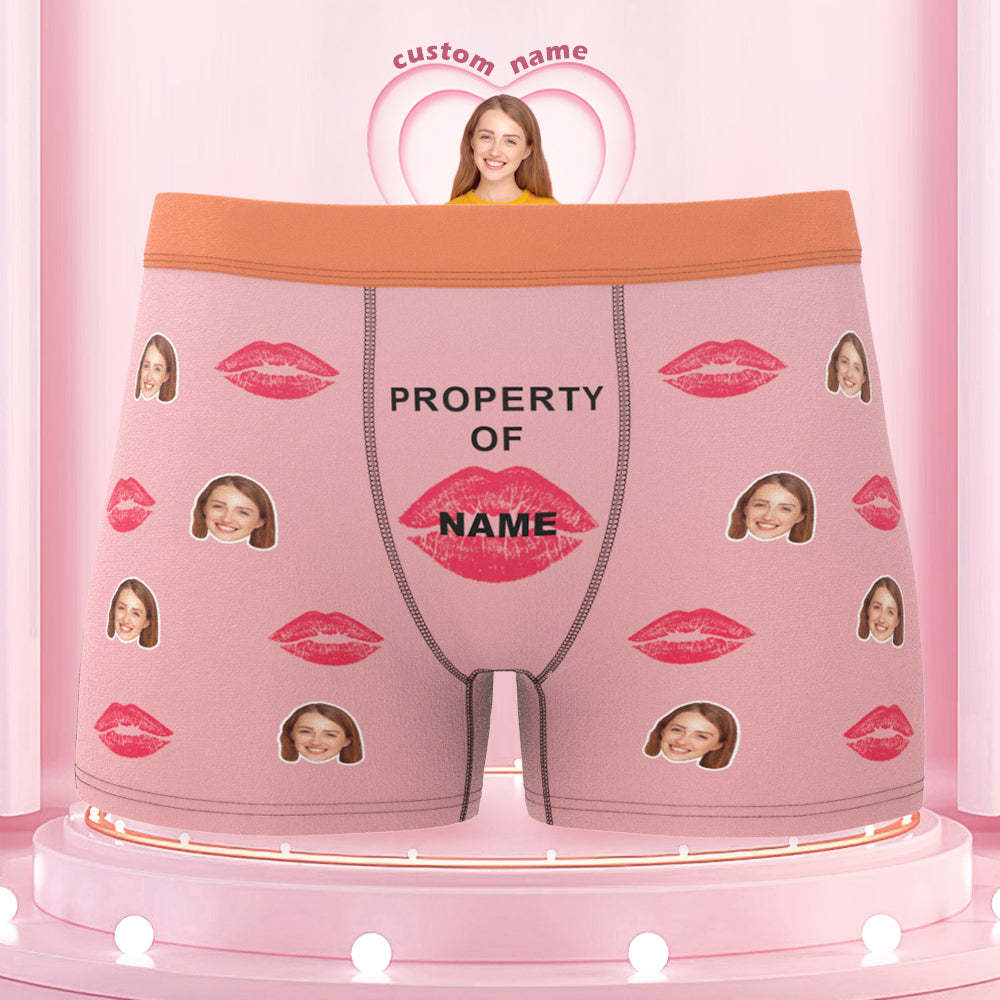 Custom Lip Print Property Of Name Boxers Brief Colorful Waistband Personalized Gift For Him - MyFaceBoxer