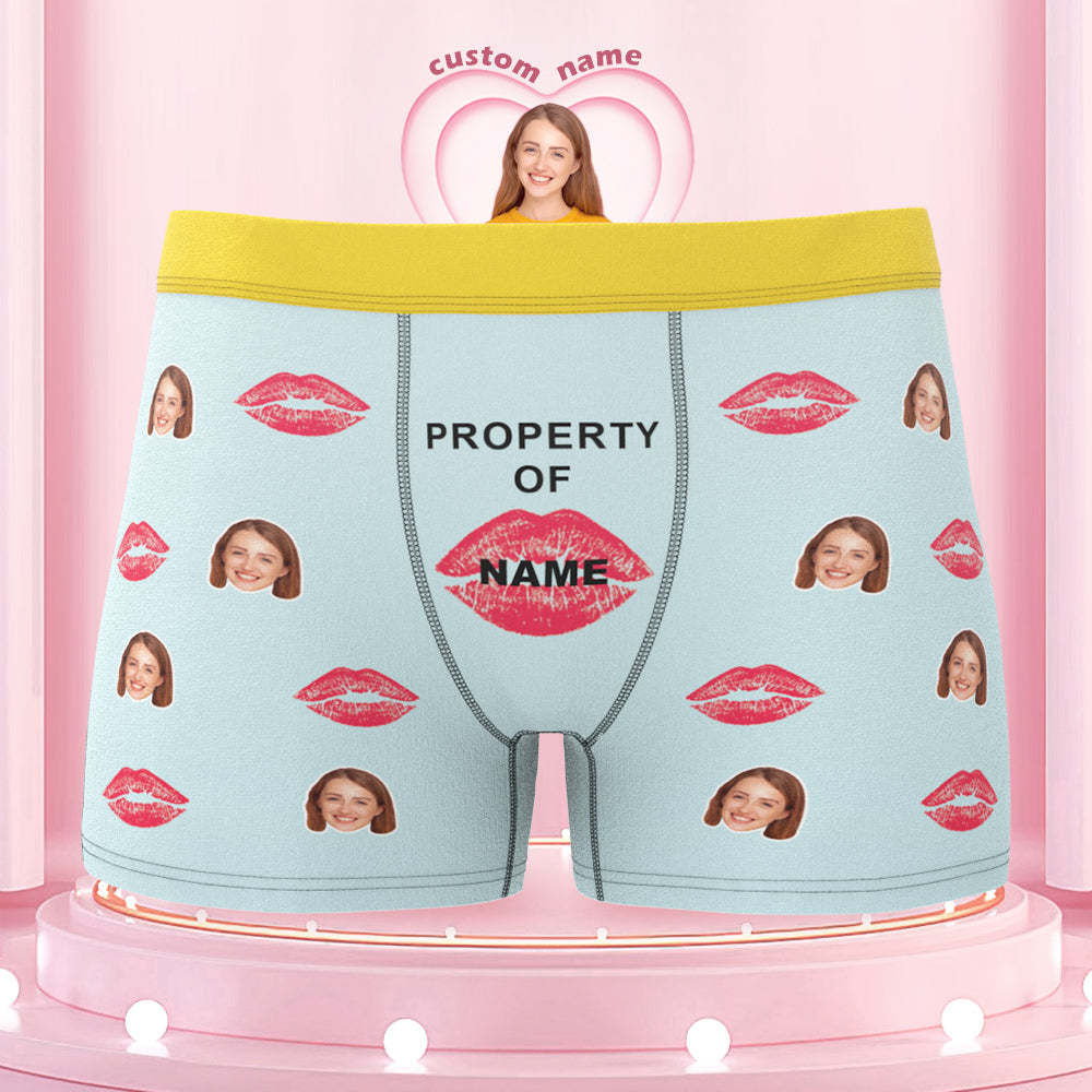 Custom Lip Print Property Of Name Boxers Brief Colorful Waistband Personalized Gift For Him - MyFaceBoxer