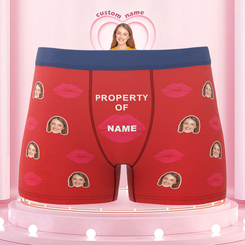 Custom Lip Print Property Of Name Boxers Brief Colorful Waistband Personalized Gift For Him - MyFaceBoxer