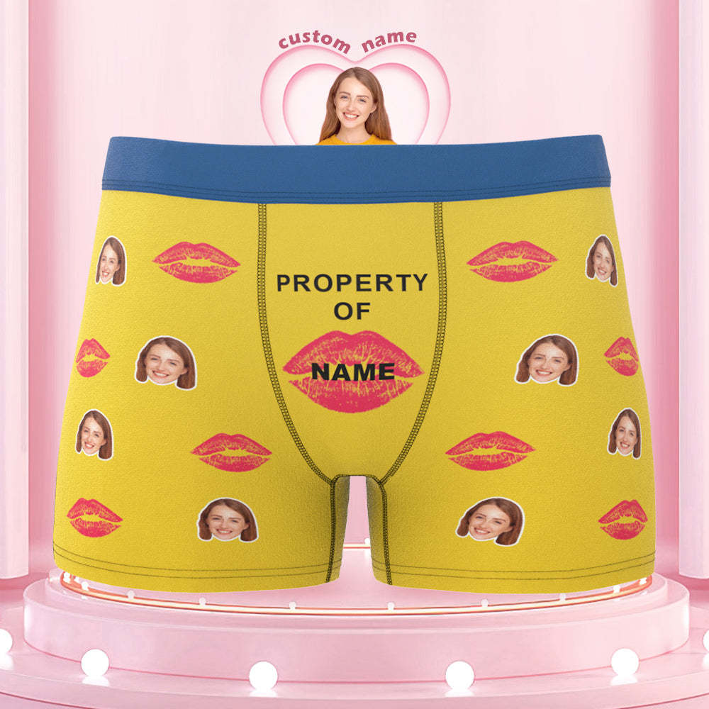 Custom Lip Print Property Of Name Boxers Brief Colorful Waistband Personalized Gift For Him - MyFaceBoxer