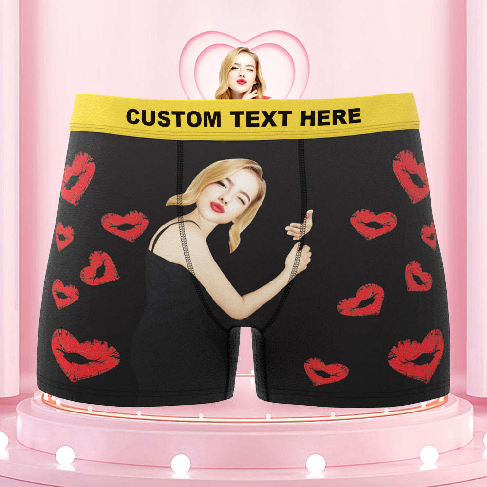 Custom Face Boxers Briefs Colorful Waistband Girlfriend Hug with Heart Lip Print Gifts For Him - MyFaceBoxer