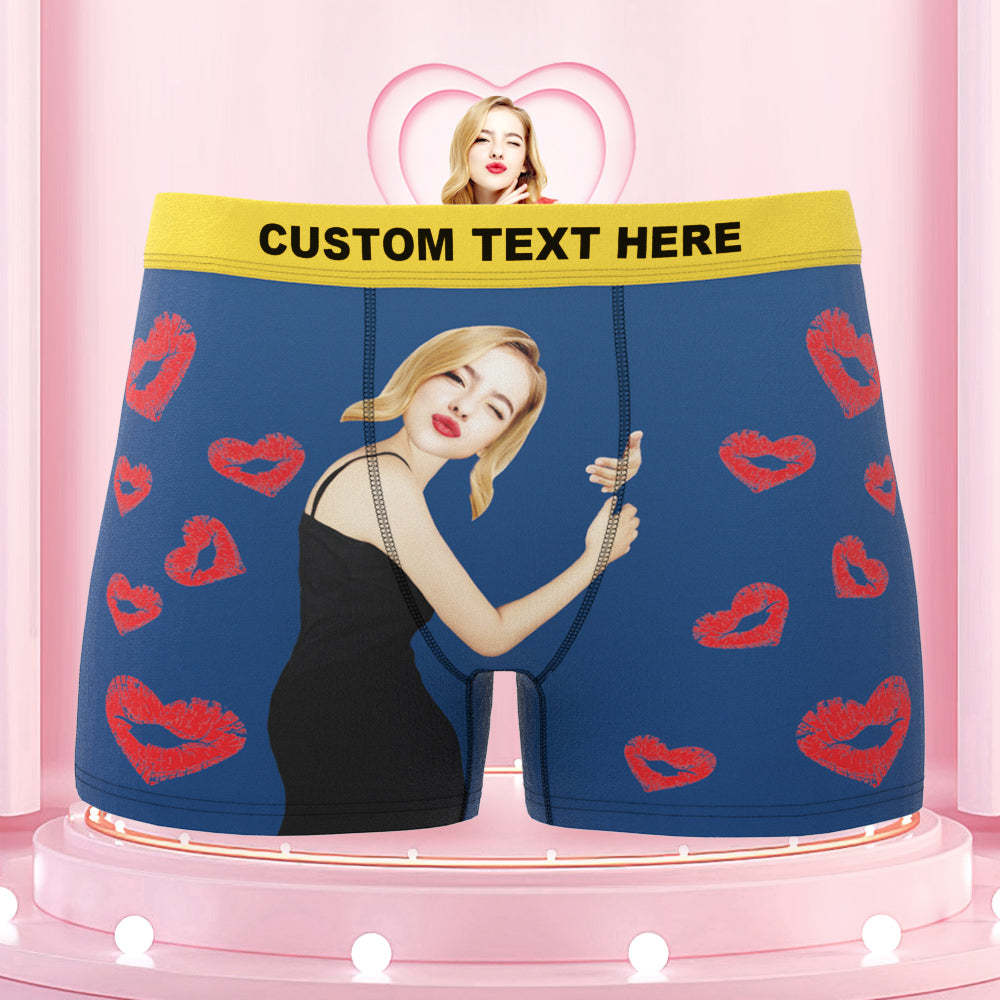 Custom Face Boxers Briefs Colorful Waistband Girlfriend Hug with Heart Lip Print Gifts For Him - MyFaceBoxer