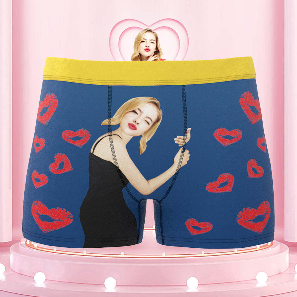 Custom Face Boxers Briefs Colorful Waistband Girlfriend Hug with Heart Lip Print Gifts For Him - MyFaceBoxer