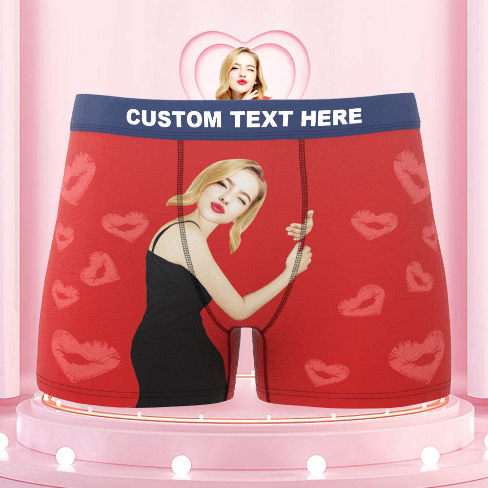 Custom Face Boxers Briefs Colorful Waistband Girlfriend Hug with Heart Lip Print Gifts For Him - MyFaceBoxer