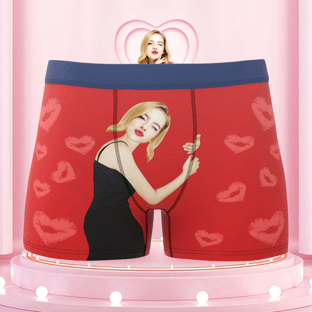Custom Face Boxers Briefs Colorful Waistband Girlfriend Hug with Heart Lip Print Gifts For Him - MyFaceBoxer
