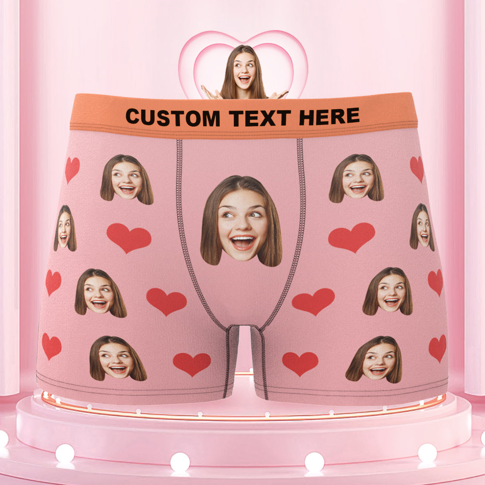 Custom Face Boxer Briefs Colorful Waistband Pink Heart Design Gift for Him