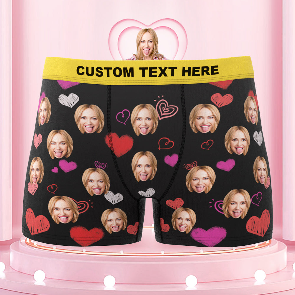 Custom Colorful Hearts Face Boxer Briefs Colorful Waistband Gift for Him