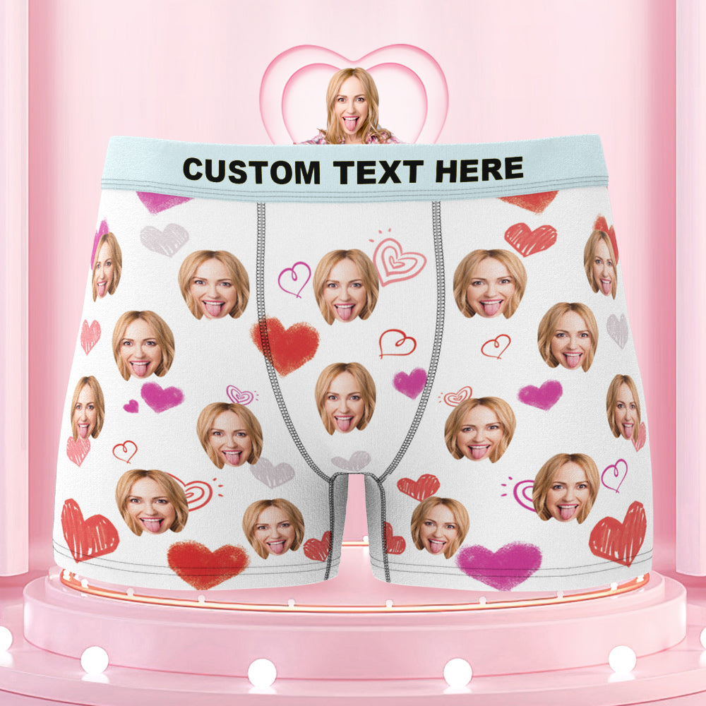 Custom Colorful Hearts Face Boxer Briefs Colorful Waistband Gift for Him