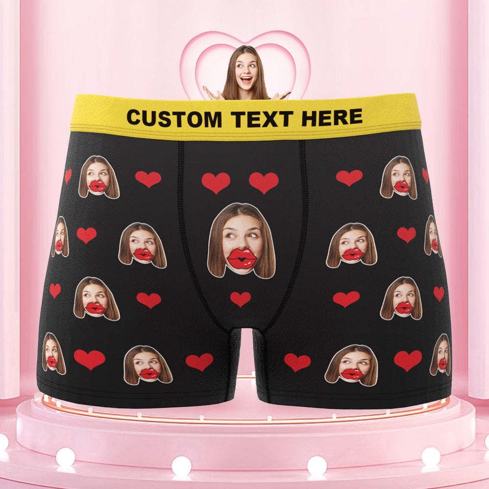 Custom Face Red Lips and Heart Colorful Waistband Boxers Personalized Valentine's Day Gift For Him - MyFaceBoxer