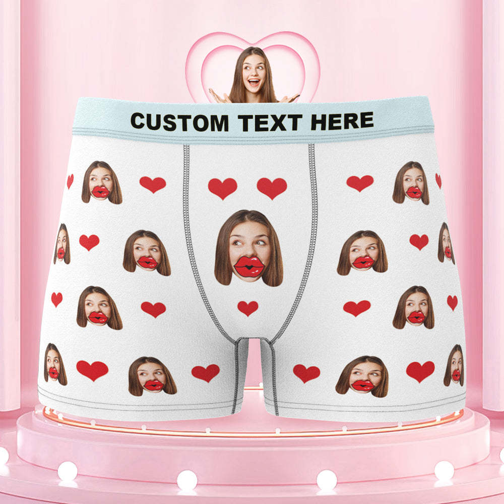 Custom Face Red Lips and Heart Colorful Waistband Boxers Personalized Valentine's Day Gift For Him - MyFaceBoxer
