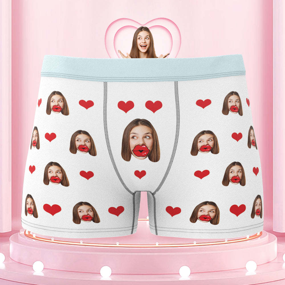 Custom Face Red Lips and Heart Colorful Waistband Boxers Personalized Valentine's Day Gift For Him - MyFaceBoxer