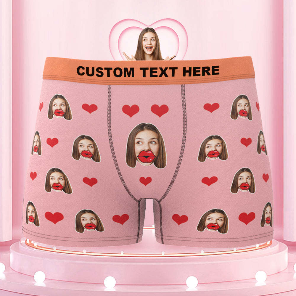 Custom Face Red Lips and Heart Colorful Waistband Boxers Personalized Valentine's Day Gift For Him - MyFaceBoxer