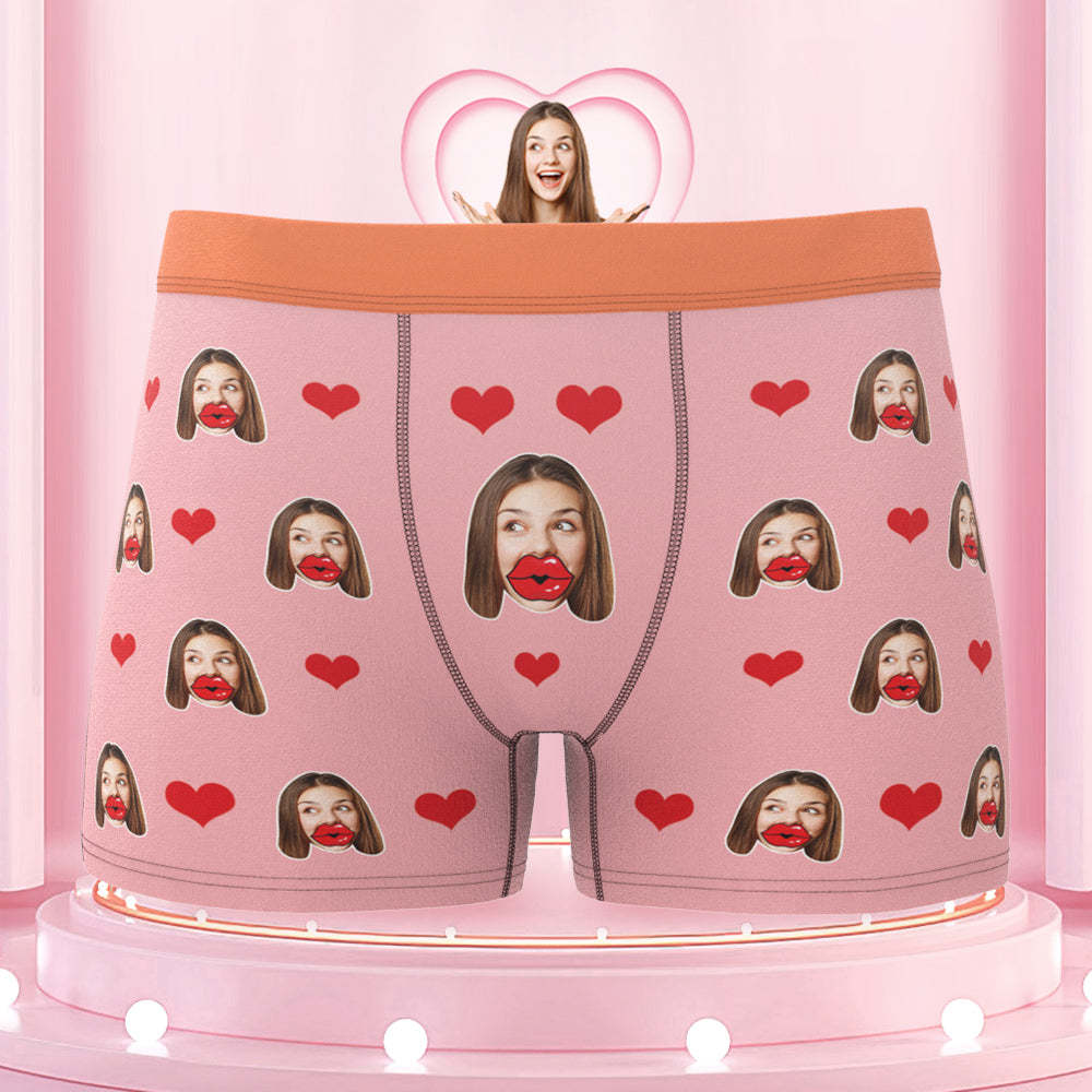 Custom Face Red Lips and Heart Colorful Waistband Boxers Personalized Valentine's Day Gift For Him - MyFaceBoxer