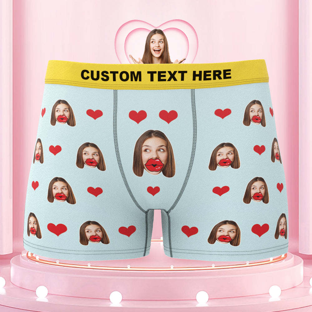 Custom Face Red Lips and Heart Colorful Waistband Boxers Personalized Valentine's Day Gift For Him - MyFaceBoxer