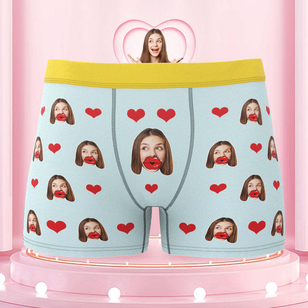 Custom Face Red Lips and Heart Colorful Waistband Boxers Personalized Valentine's Day Gift For Him - MyFaceBoxer