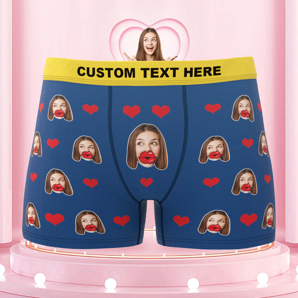 Custom Face Red Lips and Heart Colorful Waistband Boxers Personalized Valentine's Day Gift For Him - MyFaceBoxer
