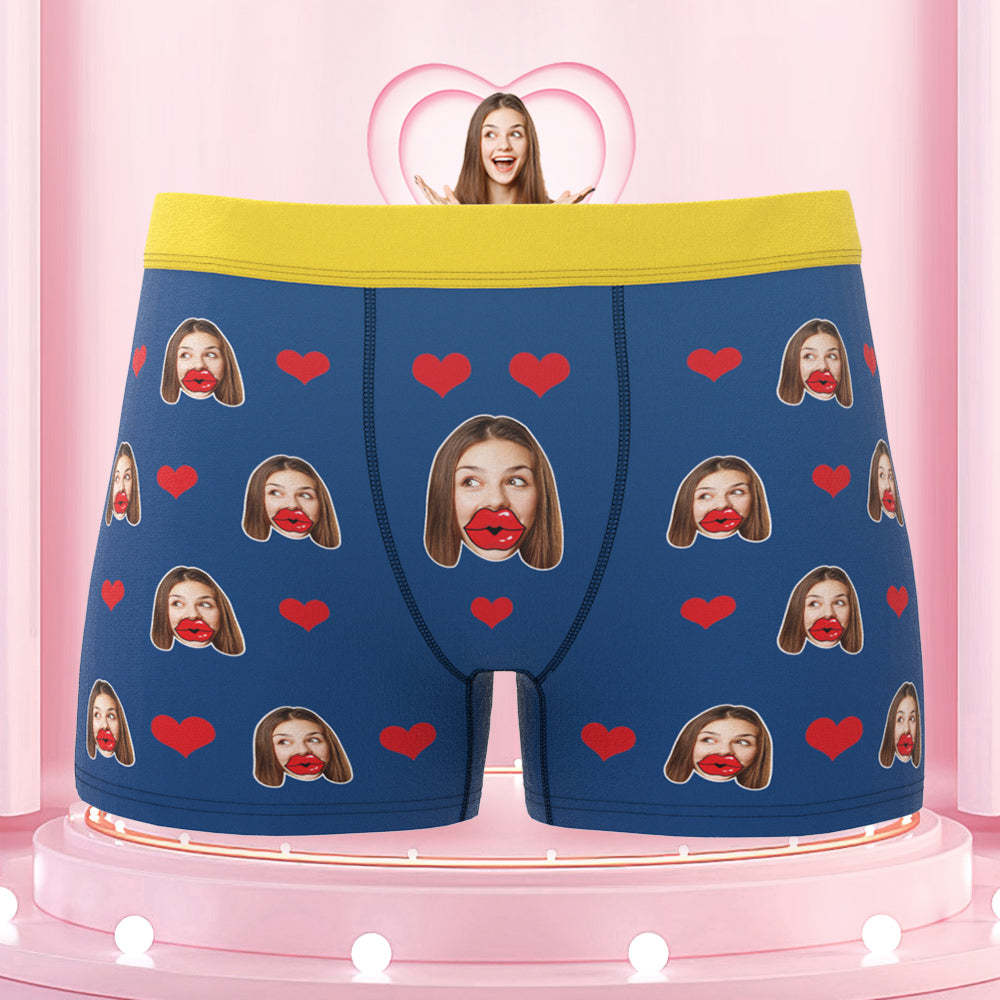 Custom Face Red Lips and Heart Colorful Waistband Boxers Personalized Valentine's Day Gift For Him - MyFaceBoxer