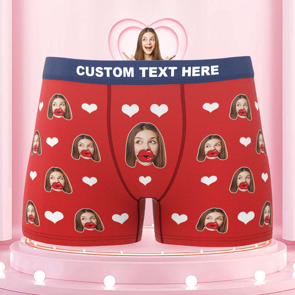 Custom Face Red Lips and Heart Colorful Waistband Boxers Personalized Valentine's Day Gift For Him - MyFaceBoxer