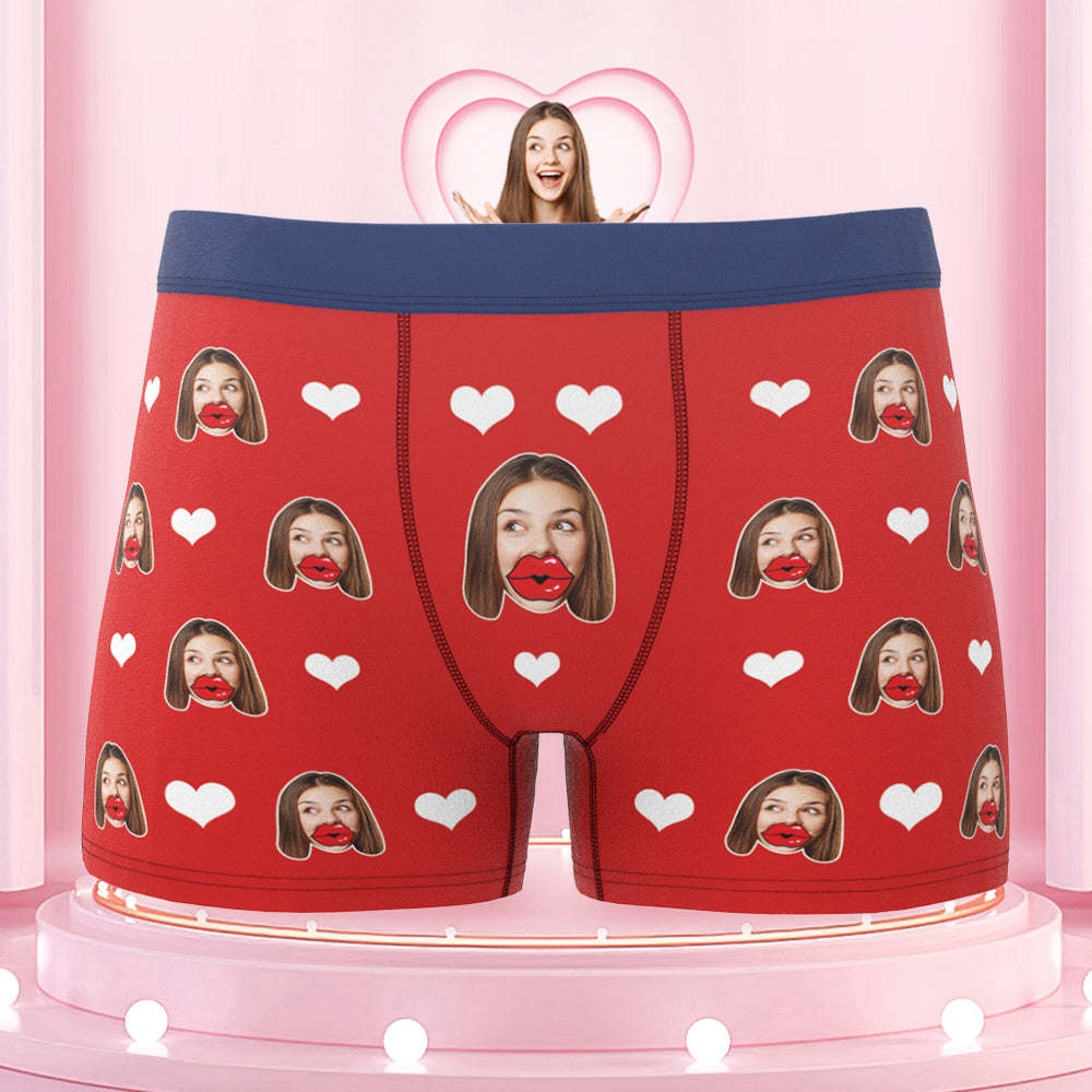 Custom Face Red Lips and Heart Colorful Waistband Boxers Personalized Valentine's Day Gift For Him - MyFaceBoxer
