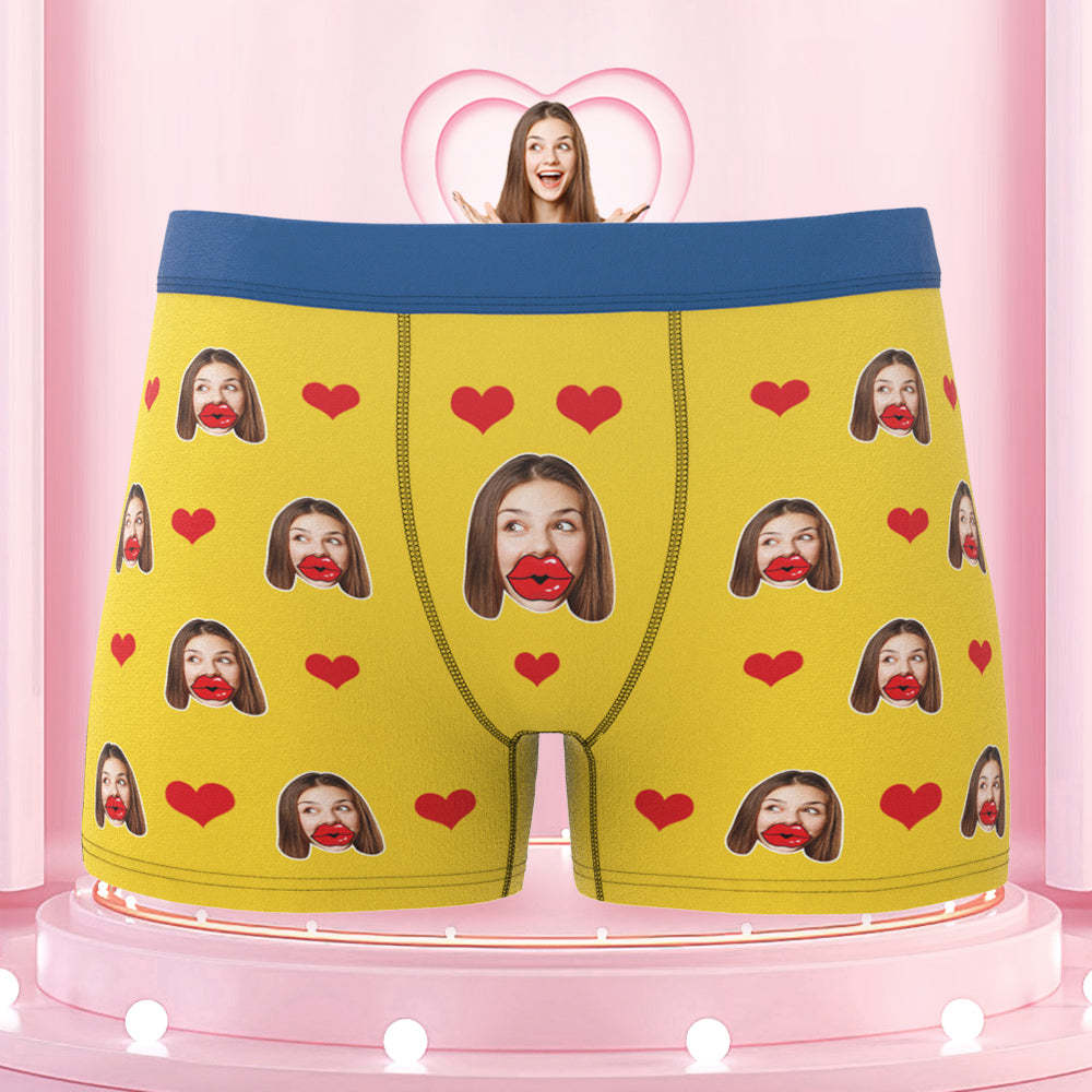 Custom Face Red Lips and Heart Colorful Waistband Boxers Personalized Valentine's Day Gift For Him - MyFaceBoxer