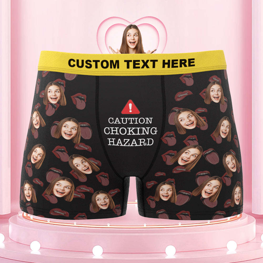 Men's Customized Boxer Shorts Colorful Waistband Choking Hazard Caution - MyFaceBoxer