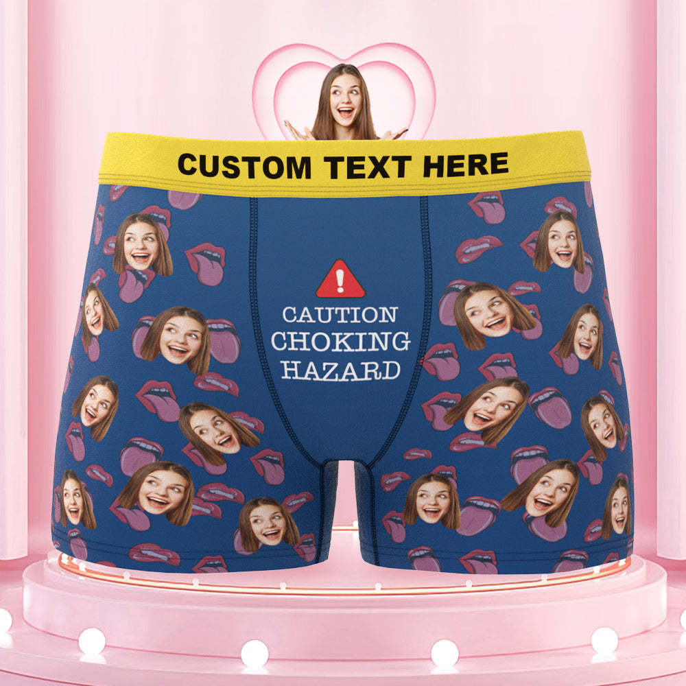 Men's Customized Boxer Shorts Colorful Waistband Choking Hazard Caution - MyFaceBoxer