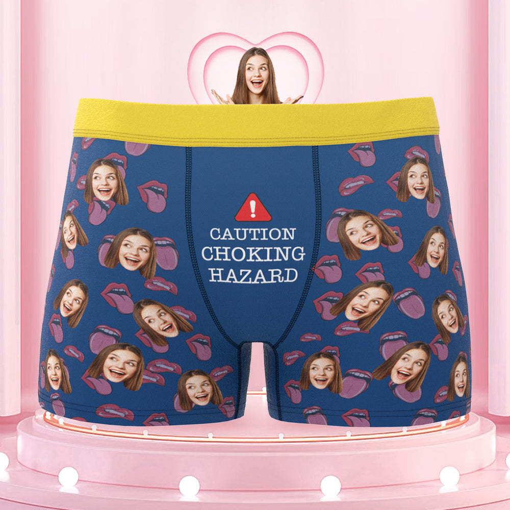 Men's Customized Boxer Shorts Colorful Waistband Choking Hazard Caution - MyFaceBoxer