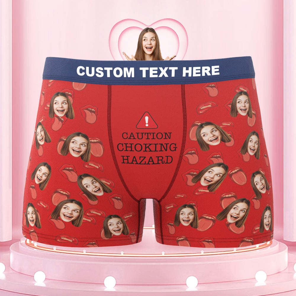Men's Customized Boxer Shorts Colorful Waistband Choking Hazard Caution - MyFaceBoxer
